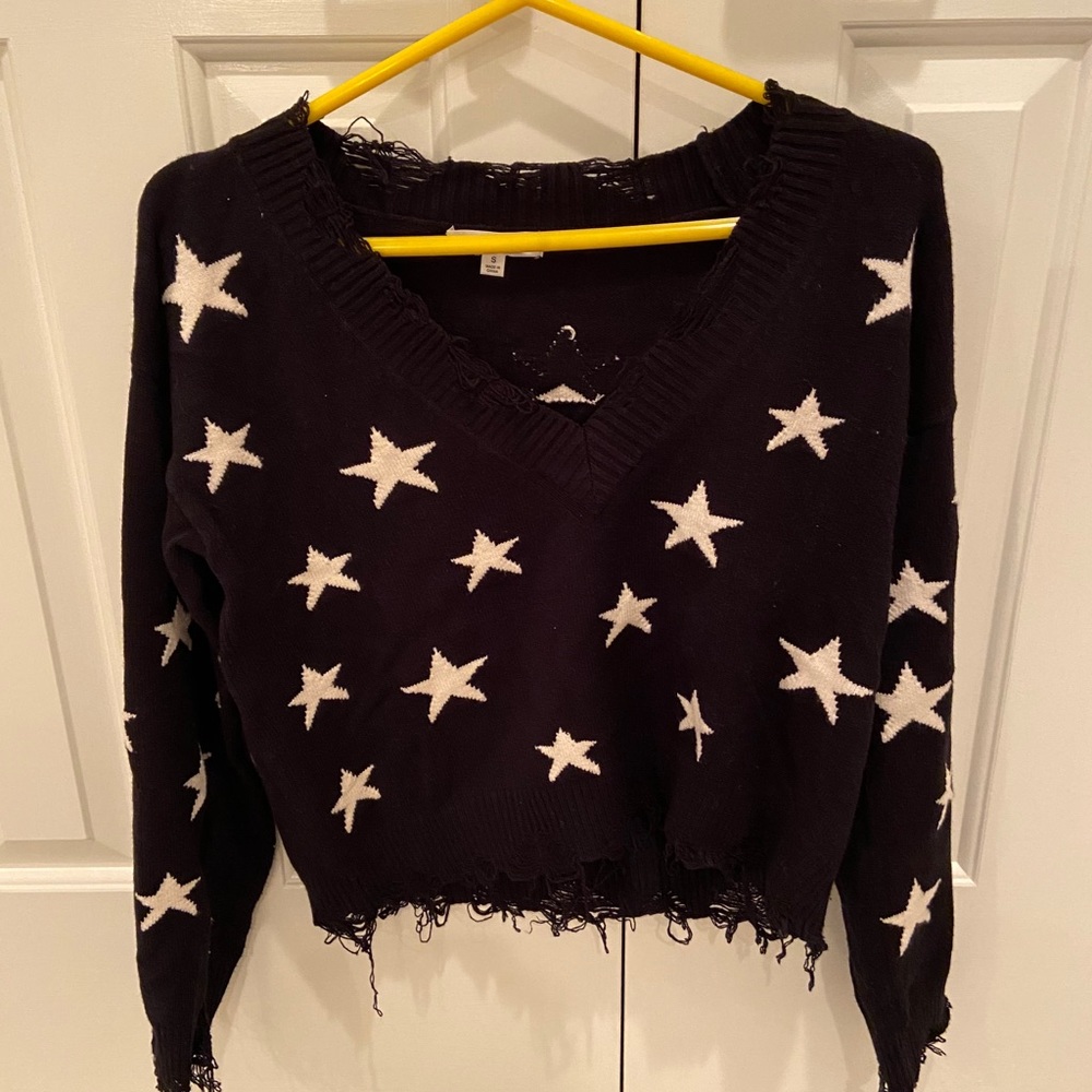 Wild Honey Distressed Star V-Neck Sweater